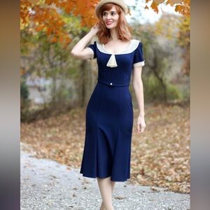 NWT Stop Staring! Raileen Navy Cream M 8 Dress Rockabilly Pinup 30's 40's Dress